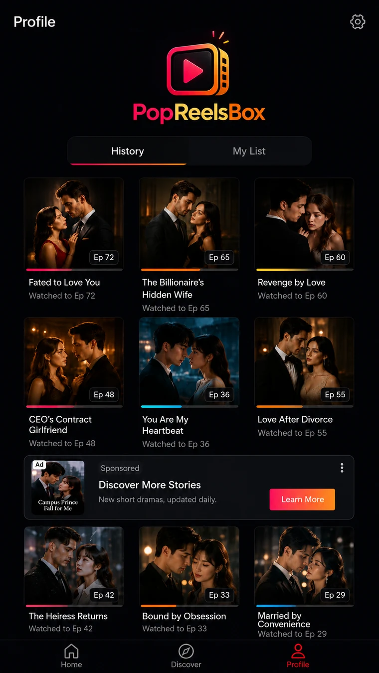 PopReelsBox History interface