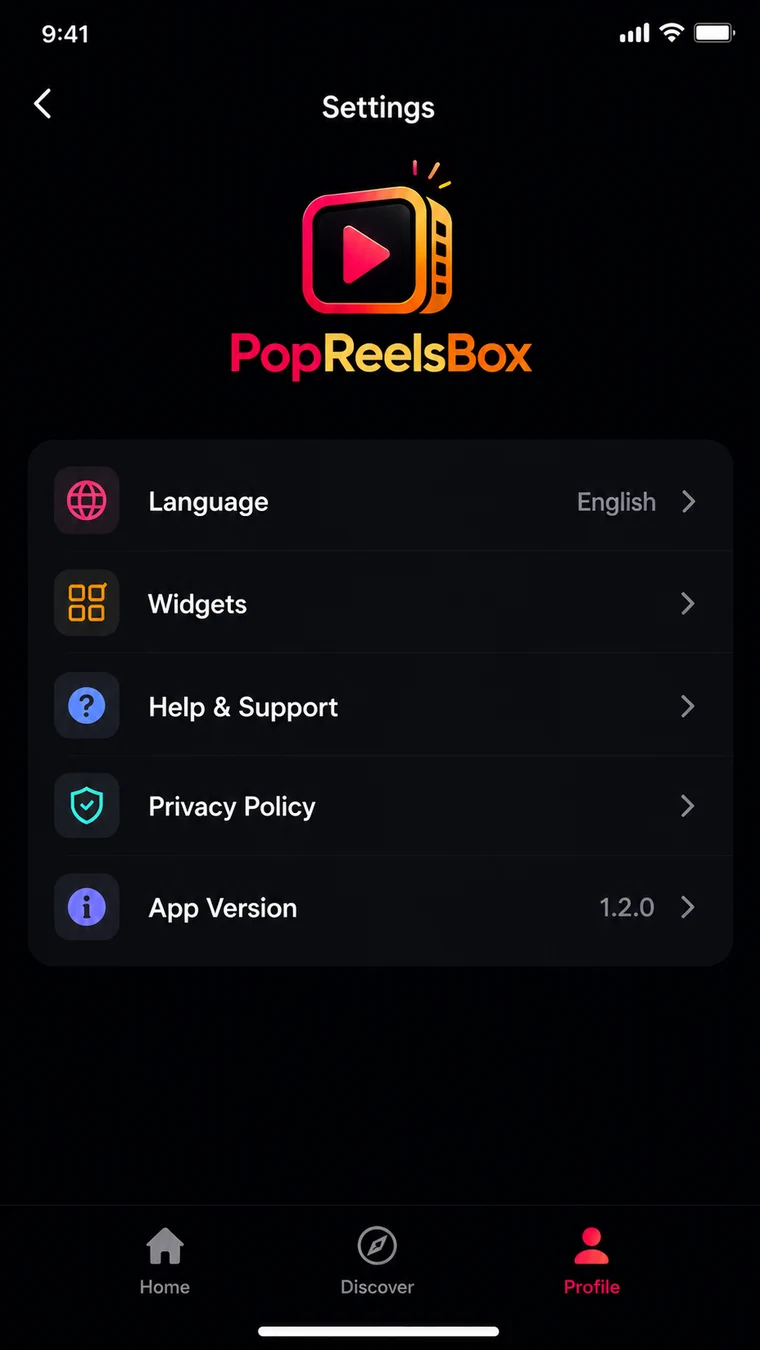 PopReelsBox Settings interface